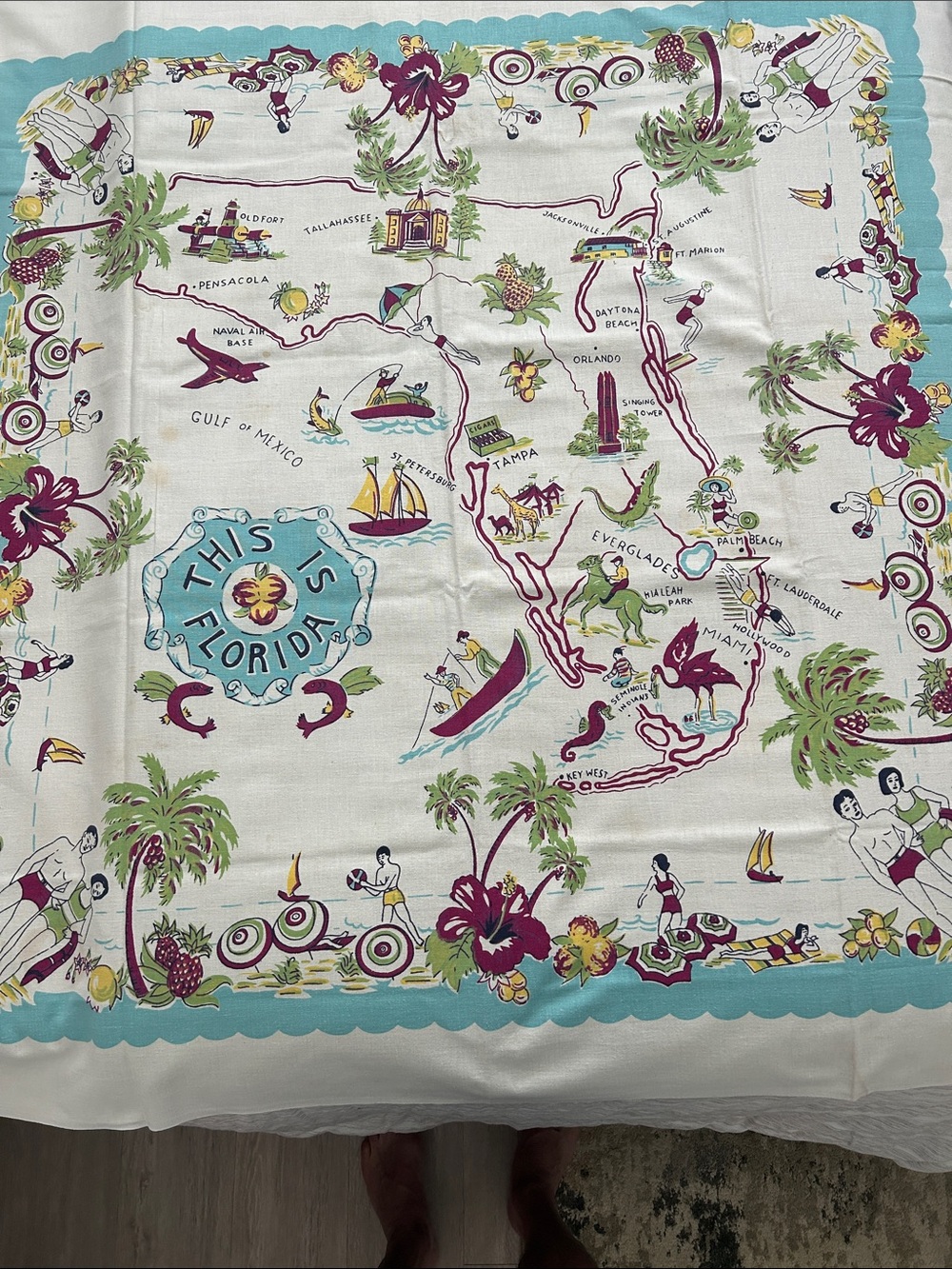 Vintage Florida Souvenir Card table cloth.  Very Florida in aqua, red, green